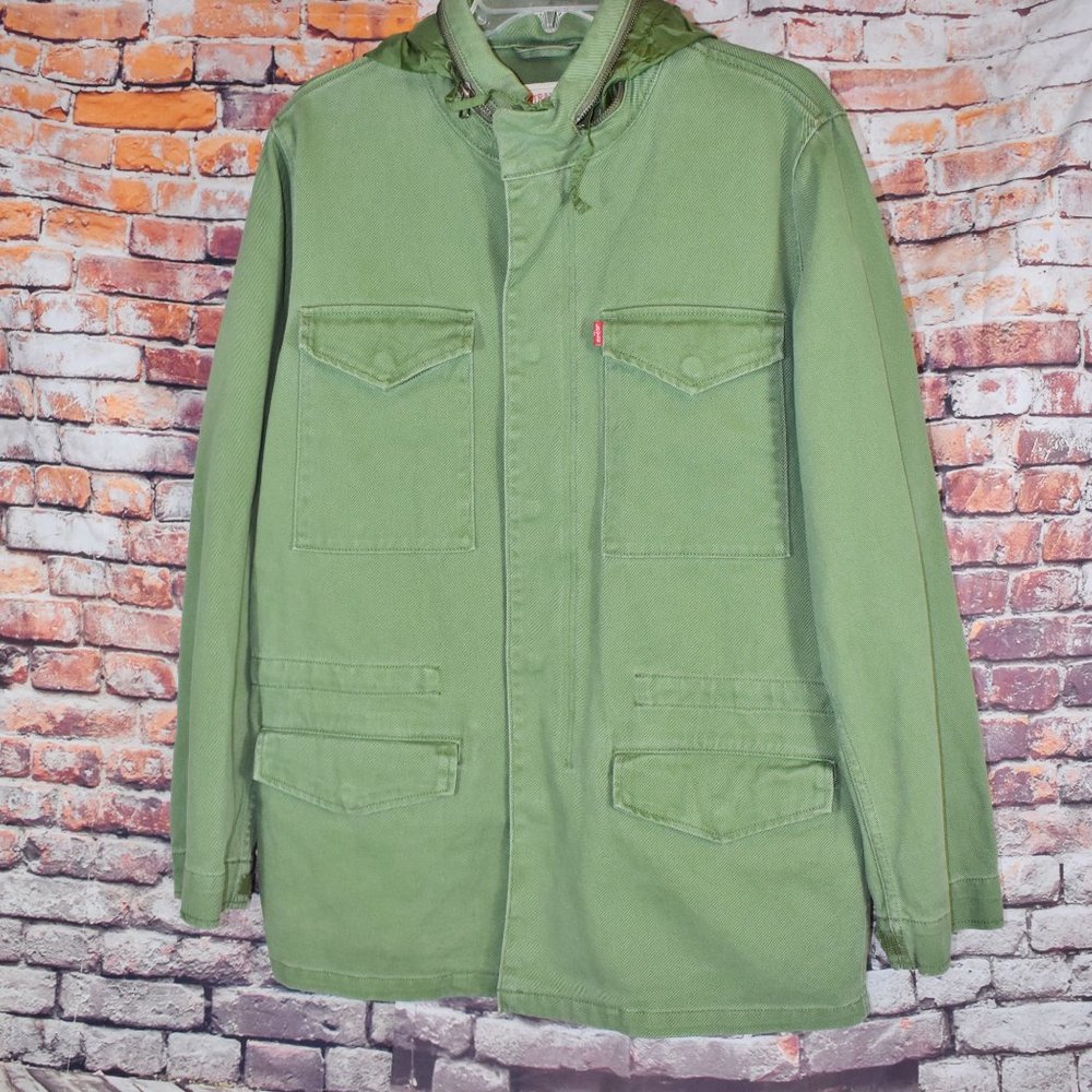 Levi's Medium Military Field Jacket Hidden Hood Army Green Parka - Picture 3 of 12
